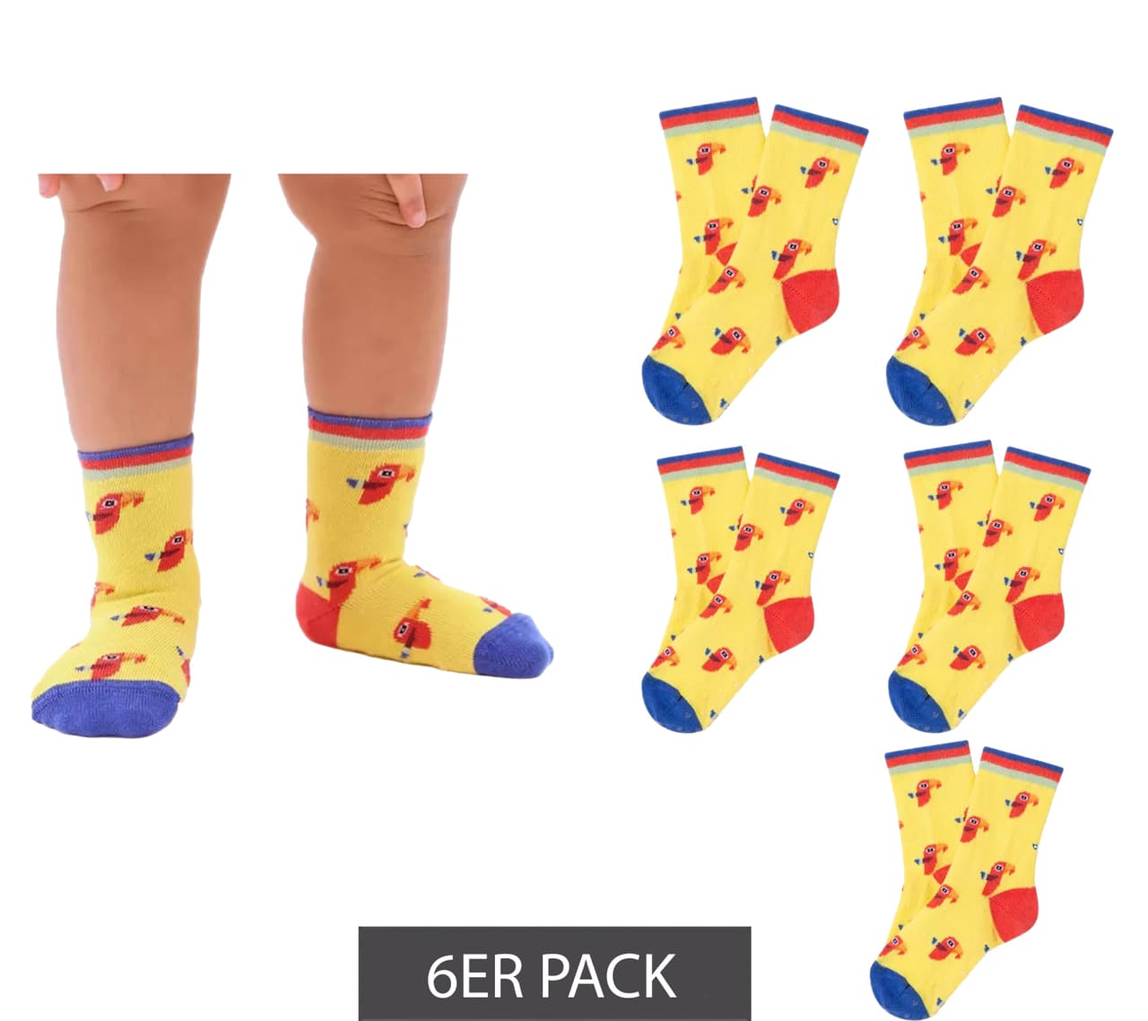Moustard 6 pares de calcetines para bebé con estampado de loro mostaza, antideslizantes, de algodón, talla 20, color amarillo, azul, rojo y naranja.