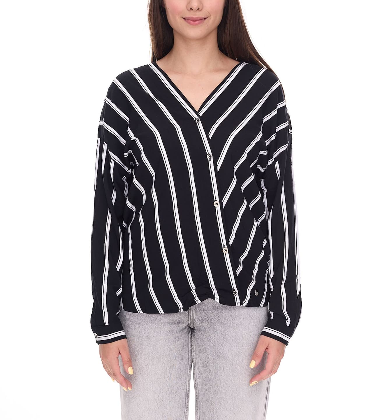 AjC Blusa cruzada de rayas para mujer, blusa ligera de verano, blusa informal con tapeta de botones, Negro/Blanco