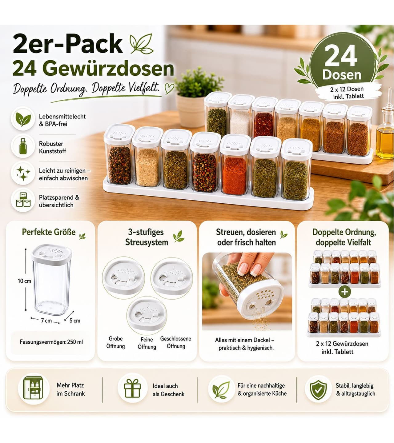 O46VS (MB8) Juego de 24 saleros de plástico con tapa y soporte, 250 ml cada uno, para especias, hierbas, pimienta y sal, transparente/blanco