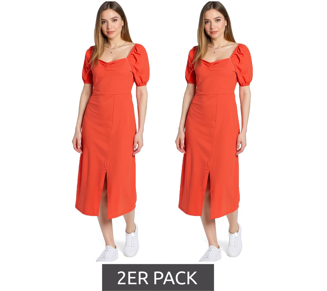 AjC Vestido midi para mujer, paquete económico de 2, vestido ligero de algodón con mangas abullonadas, vestido de verano, 47018232, rojo