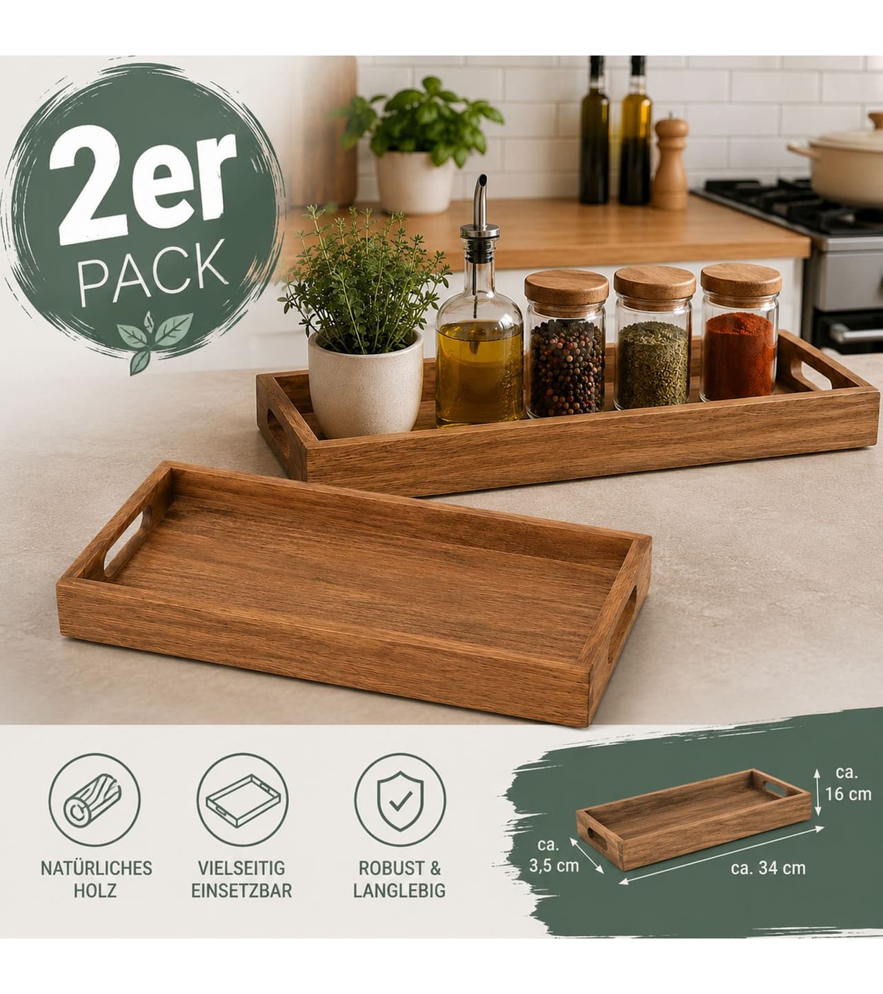 gwd Trend & Ambiente Paquete económico de 2 unidades: hermosa bandeja de madera de mango con asas; bandeja de madera para servir y desayunar, aprox. 34 × 16 × 3,5 cm, color marrón.