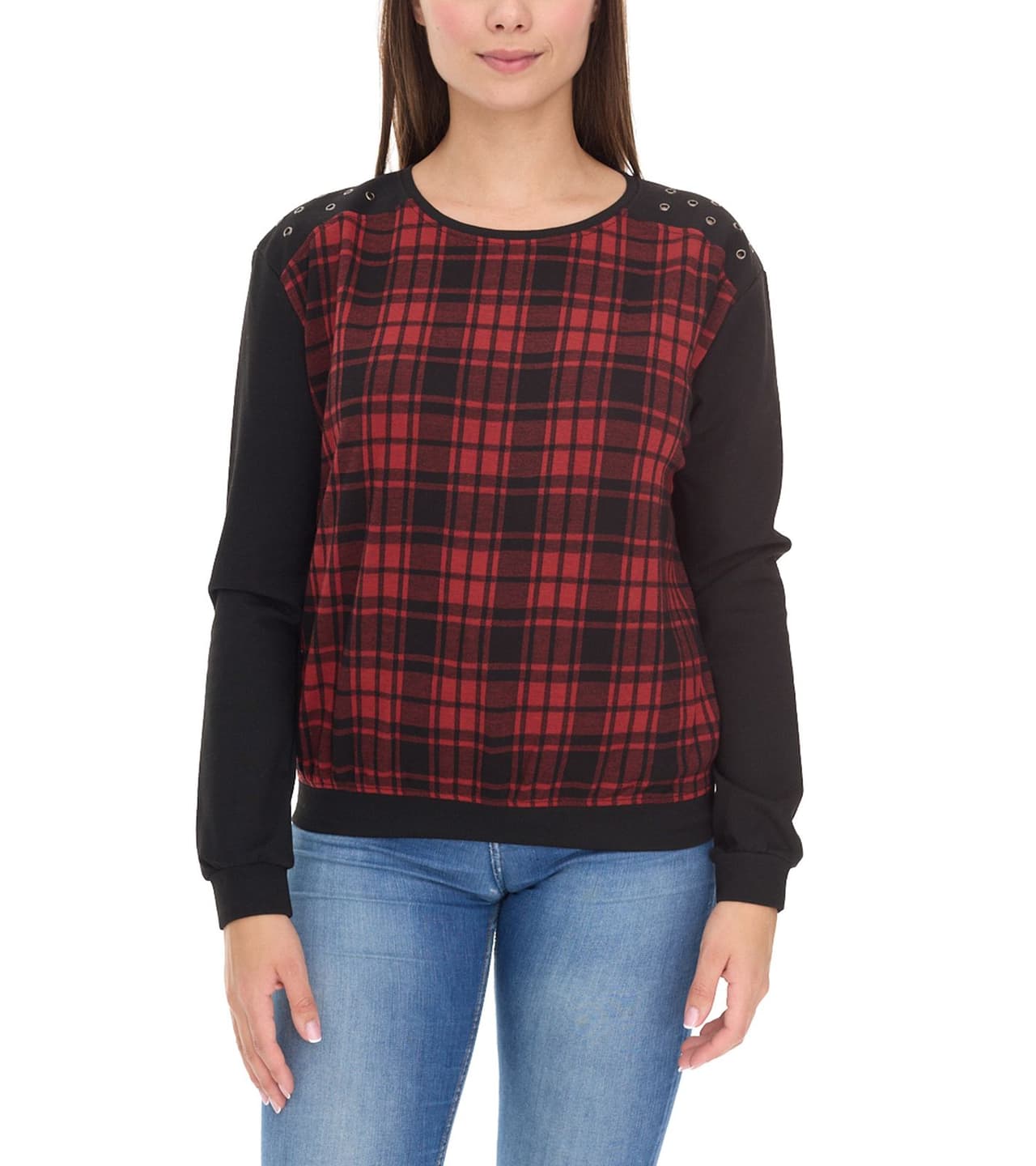 Rockupy Sudadera de mujer jersey ligero de algodón, diseño Glencheck Negro/Rojo
