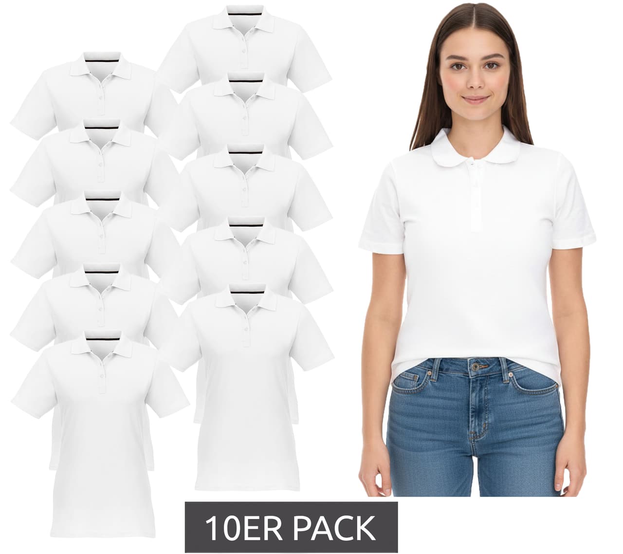 Elevate Polo Helios para mujer, piqué de algodón, 180 g/m², 3810701, blanco (paquete de 10)