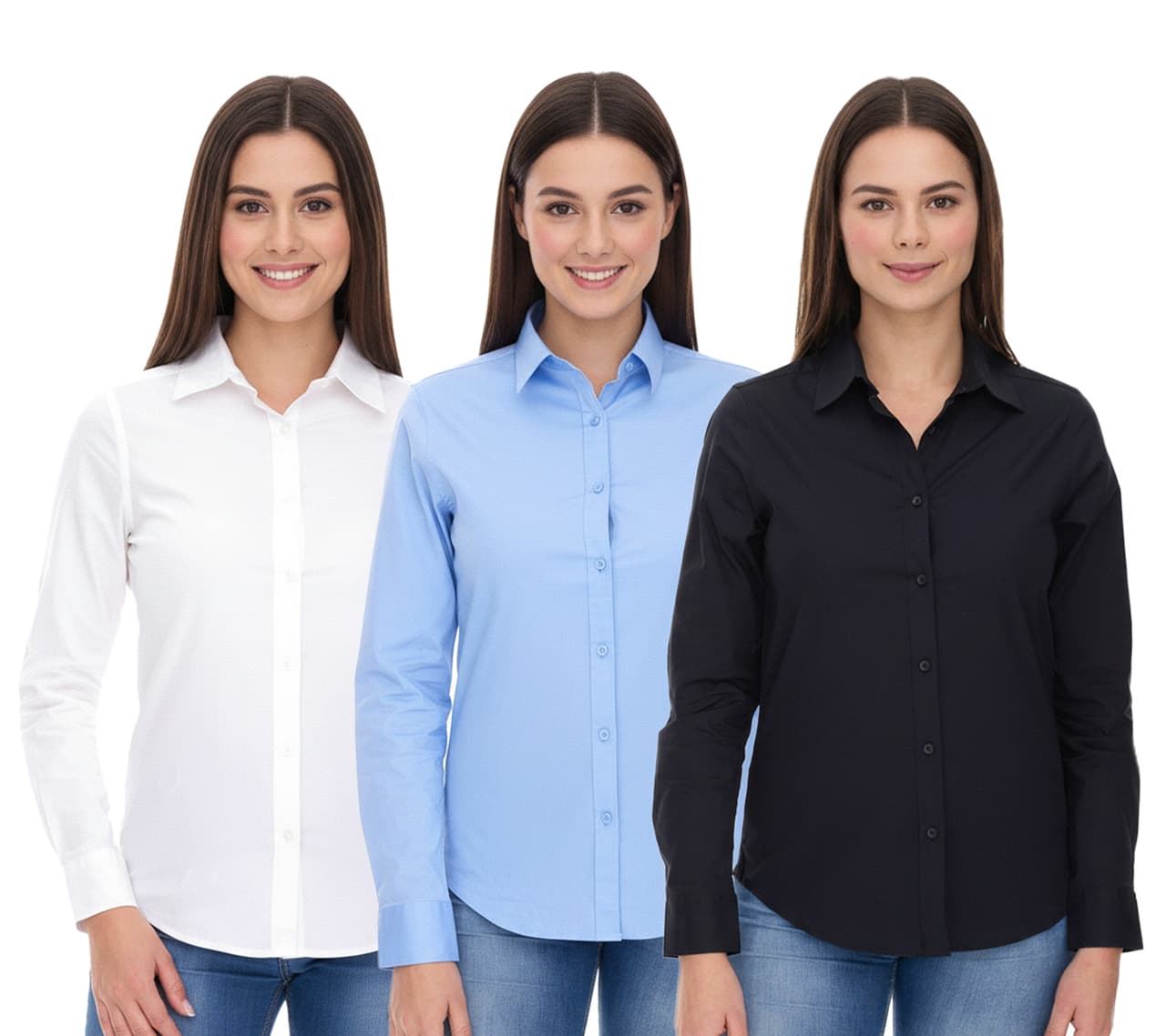Elevate Camisa de manga larga Hamell, blusa sencilla para mujer, blusa de popelina, azul claro, negra o blanca