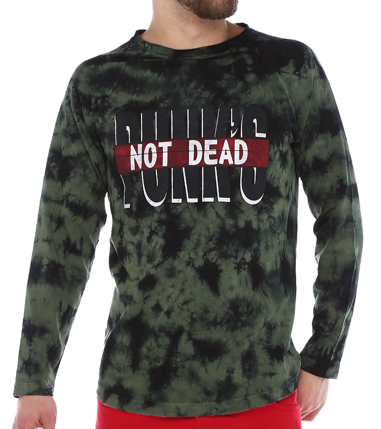 Rockupy Suéter de algodón fino de manga larga para hombre con estampado "Punk's not Dead" Verde/Negro