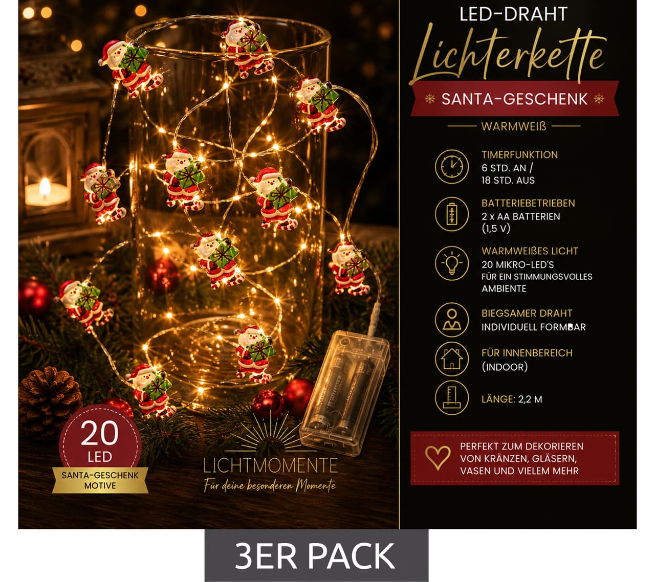 Lichtmomente Paquete de 3 guirnaldas de luces LED Sparkling Light Moments con diseño de regalo de Papá Noel, función de temporizador, 2,2 metros, 20 micro LEDs blanco cálido, Plata