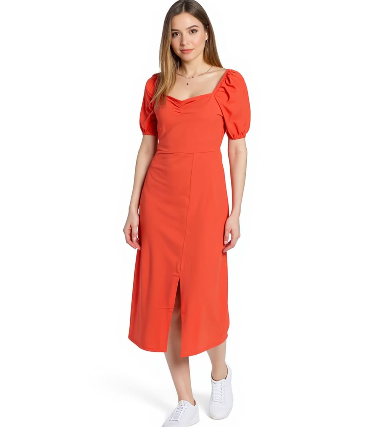 AjC Vestido midi ligero de algodón con mangas abullonadas para mujer de vestido de verano, rojo