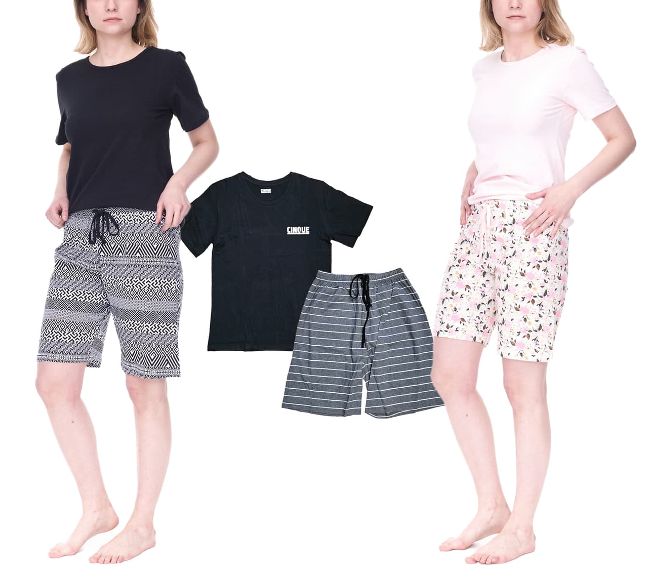Cinque pantalones cortos de pijama de algodón camiseta con cuello redondo para mujer en rosa/blanco, negro/blanco o para hombre en negro/blanco Hombre Negro/Gris