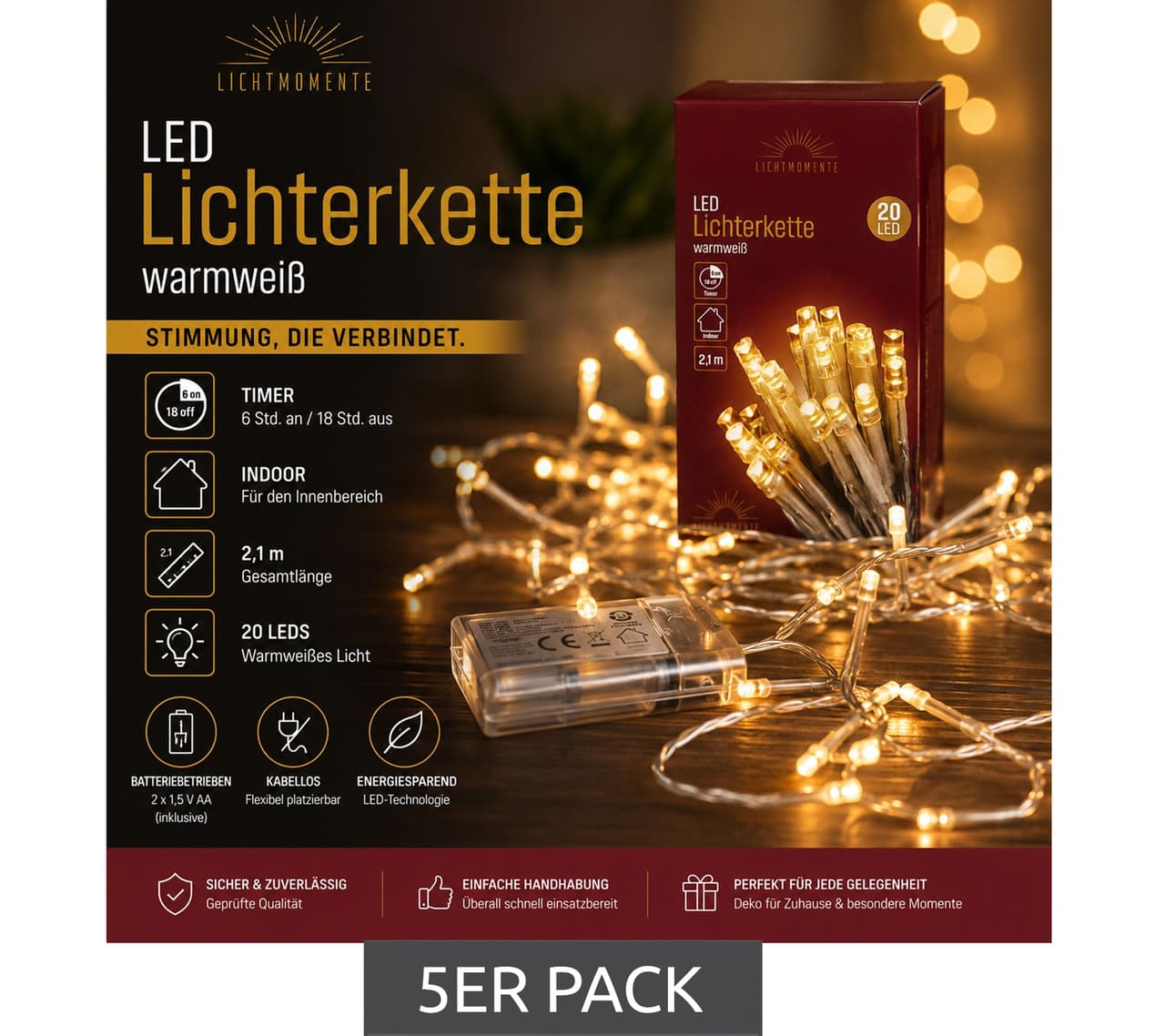 Lichtmomente Pack ahorro de 5 – Guirnalda LED impermeable con temporizador, 2,2 m, 20 micro LED de luz blanca cálida, cable plateado
