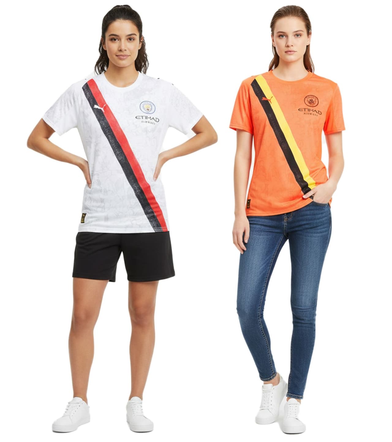PUMA Camiseta oficial Manchester City KidSuper para mujer, diseño sostenible de la Premier League (701235028), disponible en blanco o naranja.