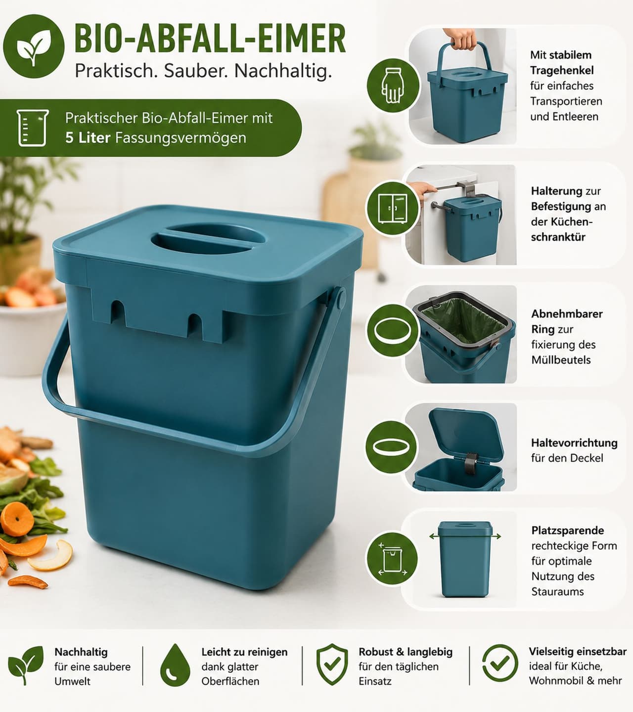 O46VS (MB8) Cubo de basura orgánico de 5 litros con asa, 24 x 16 x 15 cm, 8171624, azul