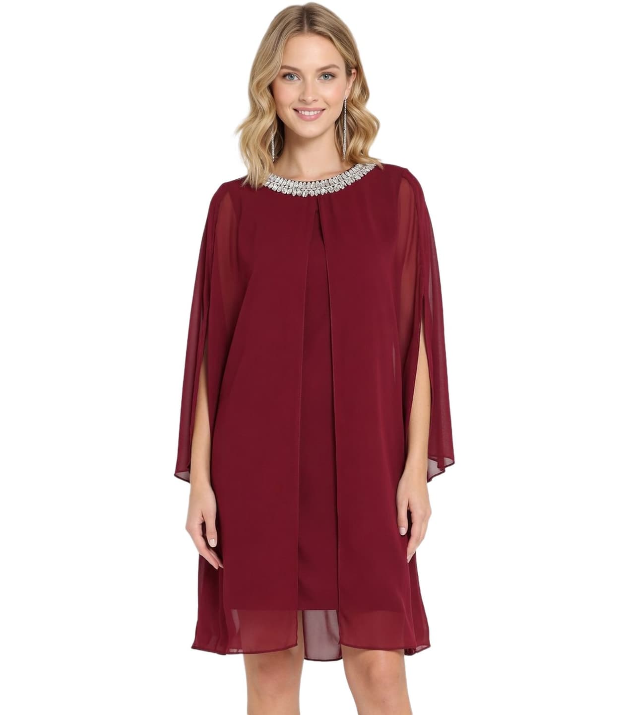 O46BPX (MB1) Elegante vestido de noche para mujer, de gasa, con mangas 3/4 y vestido de cóctel Rojo Burdeos