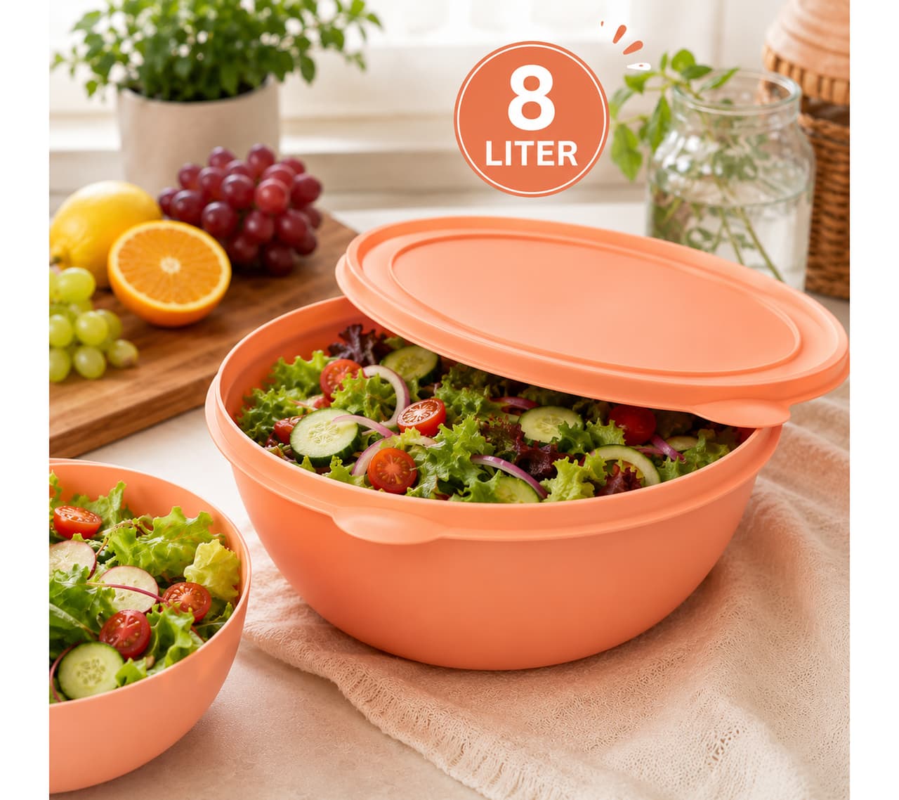 O46VS (MB8) Práctico recipiente para alimentos de 8 litros con tapa: bol grande de plástico para guardar ensaladas, frutas y otros alimentos naranja/melocotón