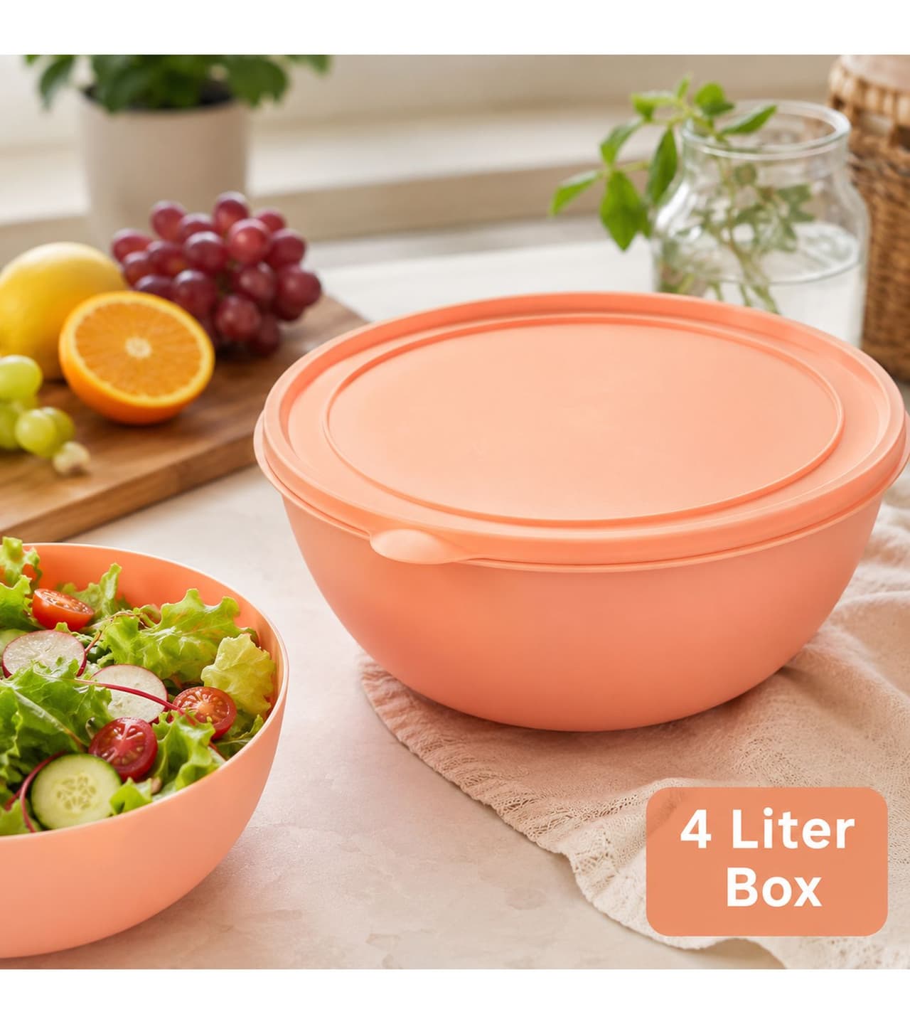 O46VS (MB8) Práctico recipiente para alimentos de 4 litros con tapa: bol grande de plástico para guardar ensaladas, frutas y otros alimentos naranja/melocotón