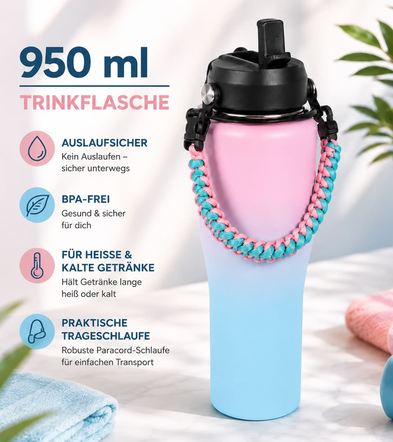 O46RW (MB9) Práctica botella de agua con aislamiento de doble pared de acero inoxidable (950 ml), con pajita, correa de transporte y mosquetón – Rosa/Azul