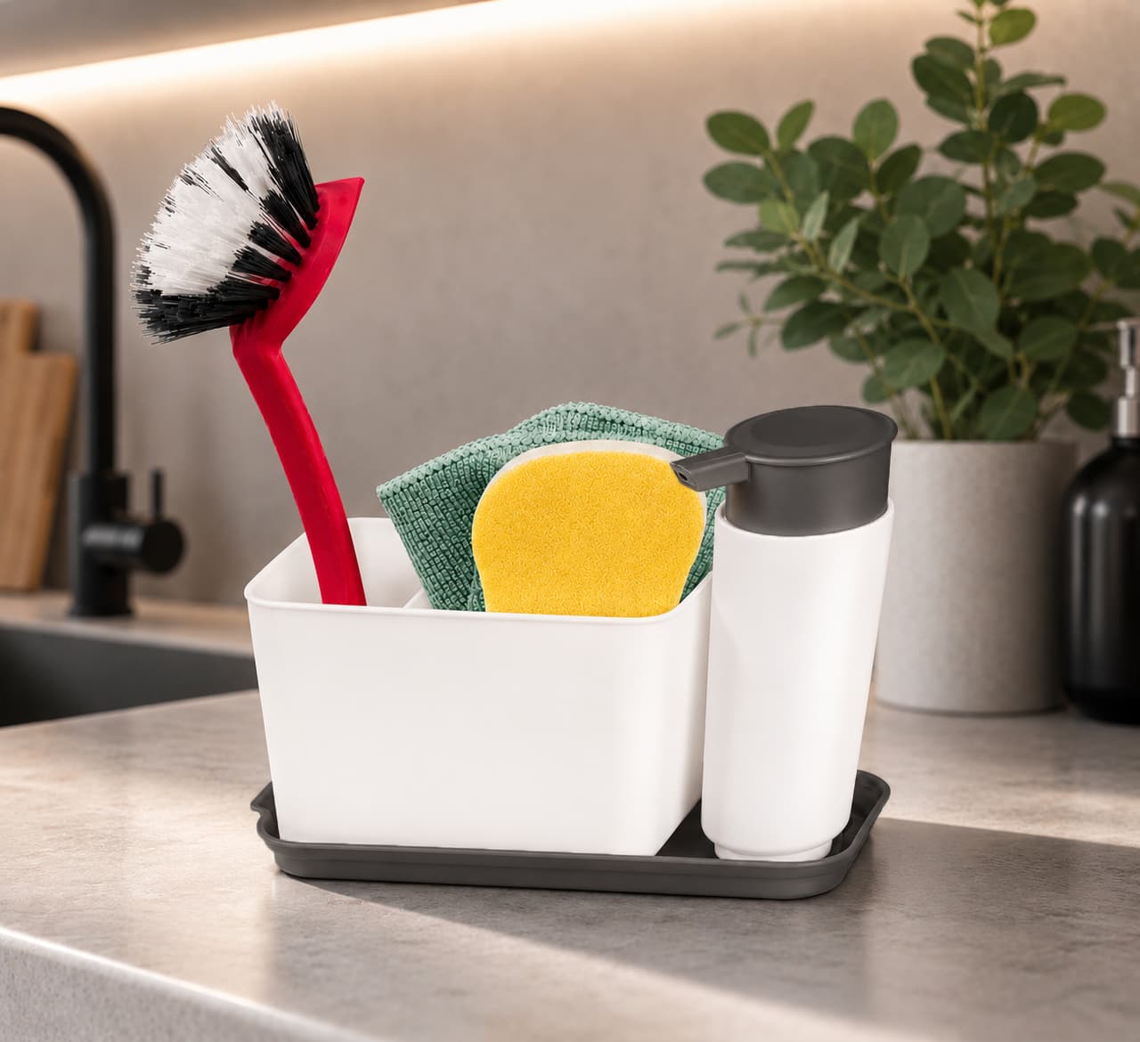 O46VS (MB8) Organizador de fregadero con práctico drenaje, almacenamiento de utensilios para lavar platos Blanco/Gris