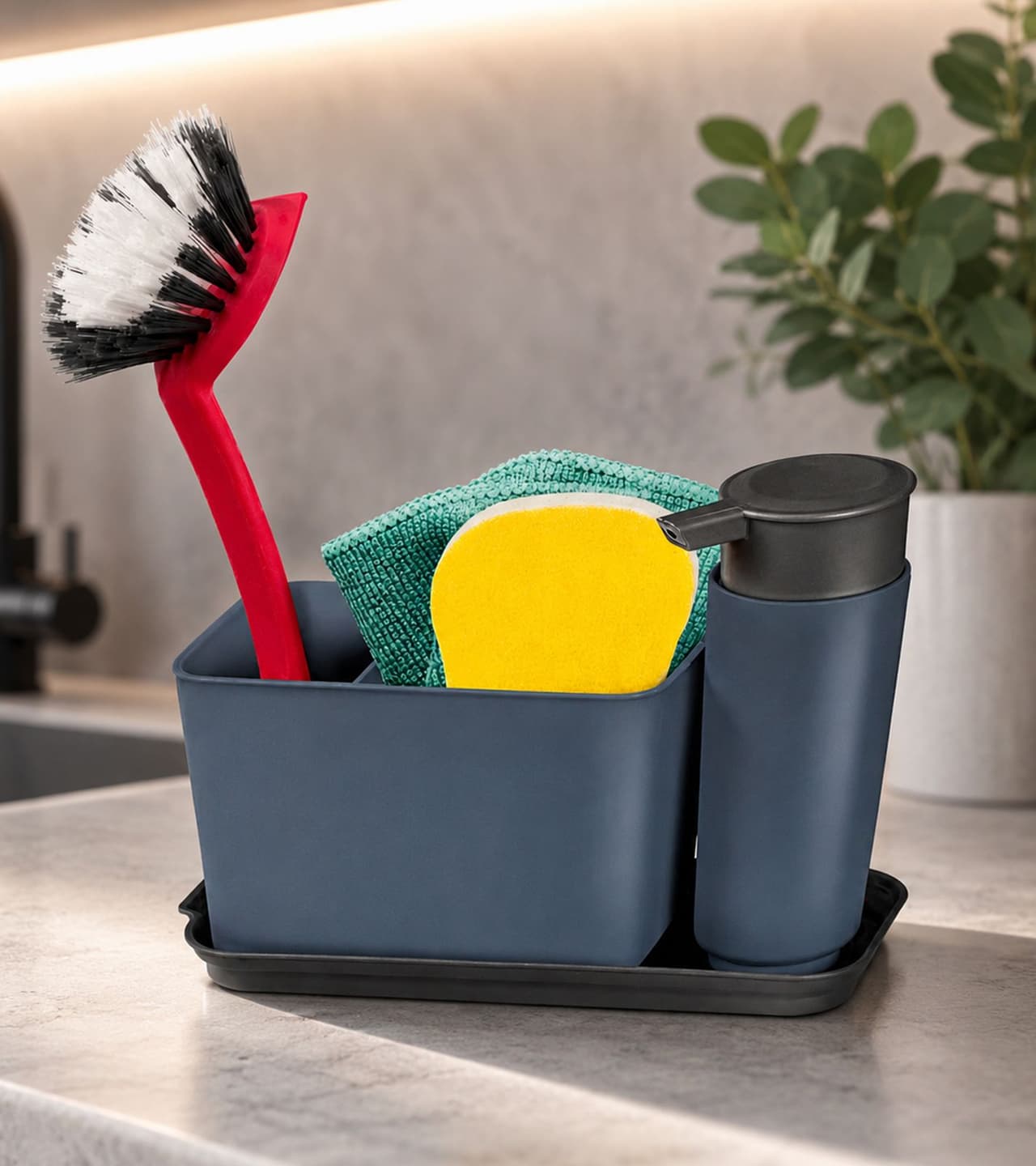 O46VS (MB8) Organizador de fregadero con práctico desagüe - Almacenamiento de utensilios para lavar platos, azul/gris