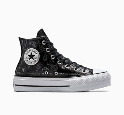 Converse Chuck Taylor All Star Lift Platform Silver Paisley & Leather Rosas negras