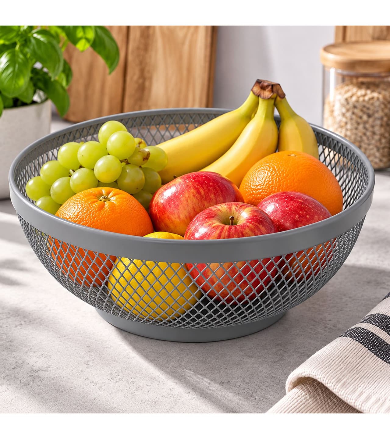 O46PN (MB10) Frutero de metal resistente con diseño de rejilla abierta (también apto como panera), aprox. 25 × 25 × 11 cm **Producto de categoría B – revisado** Gris