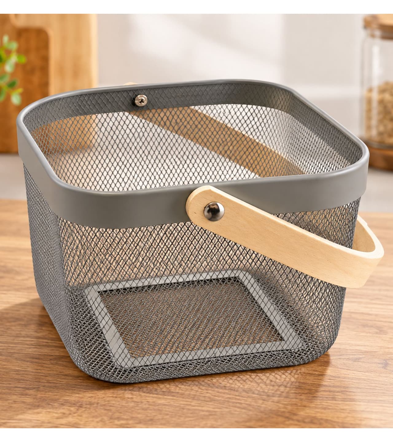 O46PN (MB10) Cesta de almacenamiento moderna con práctica asa de madera y diseño de rejilla abierta (apta para pan) – Aprox. 24 × 24 × 17,5 cm **Producto de segunda categoría (B-Stock) – revisado** – Color: Gris