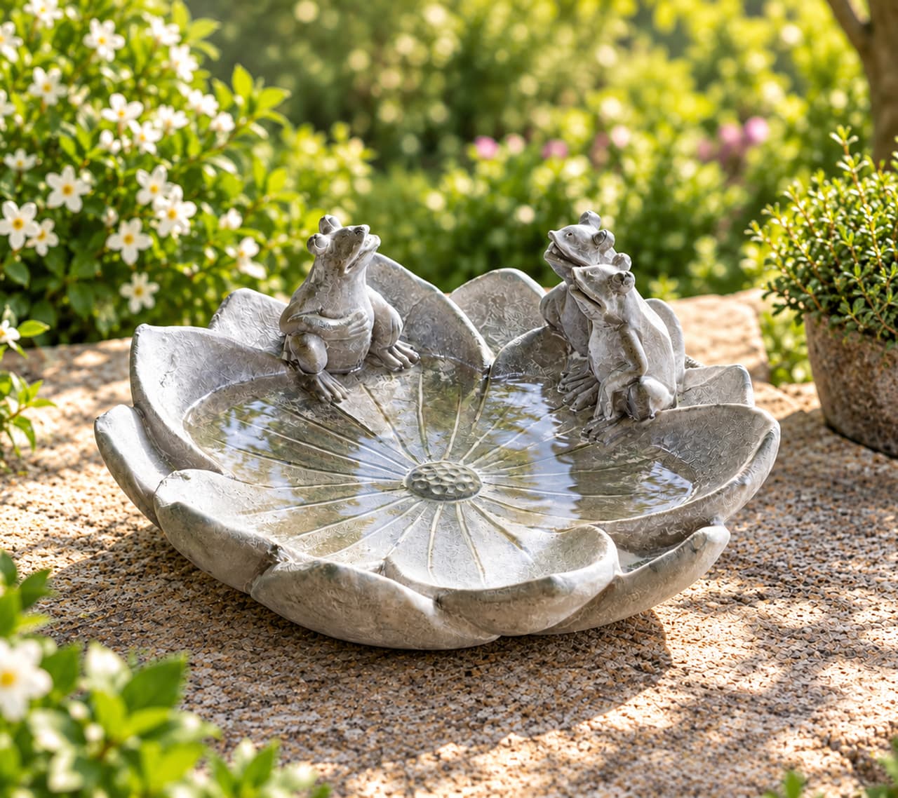 gwd Trend & Ambiente Bebedero decorativo para pájaros cuenco de poliresina efecto piedra. Accesorio de jardín, aprox. 17 × 17 × 6 cm con Ranas **Grado B – probado y completamente funcional** Gris