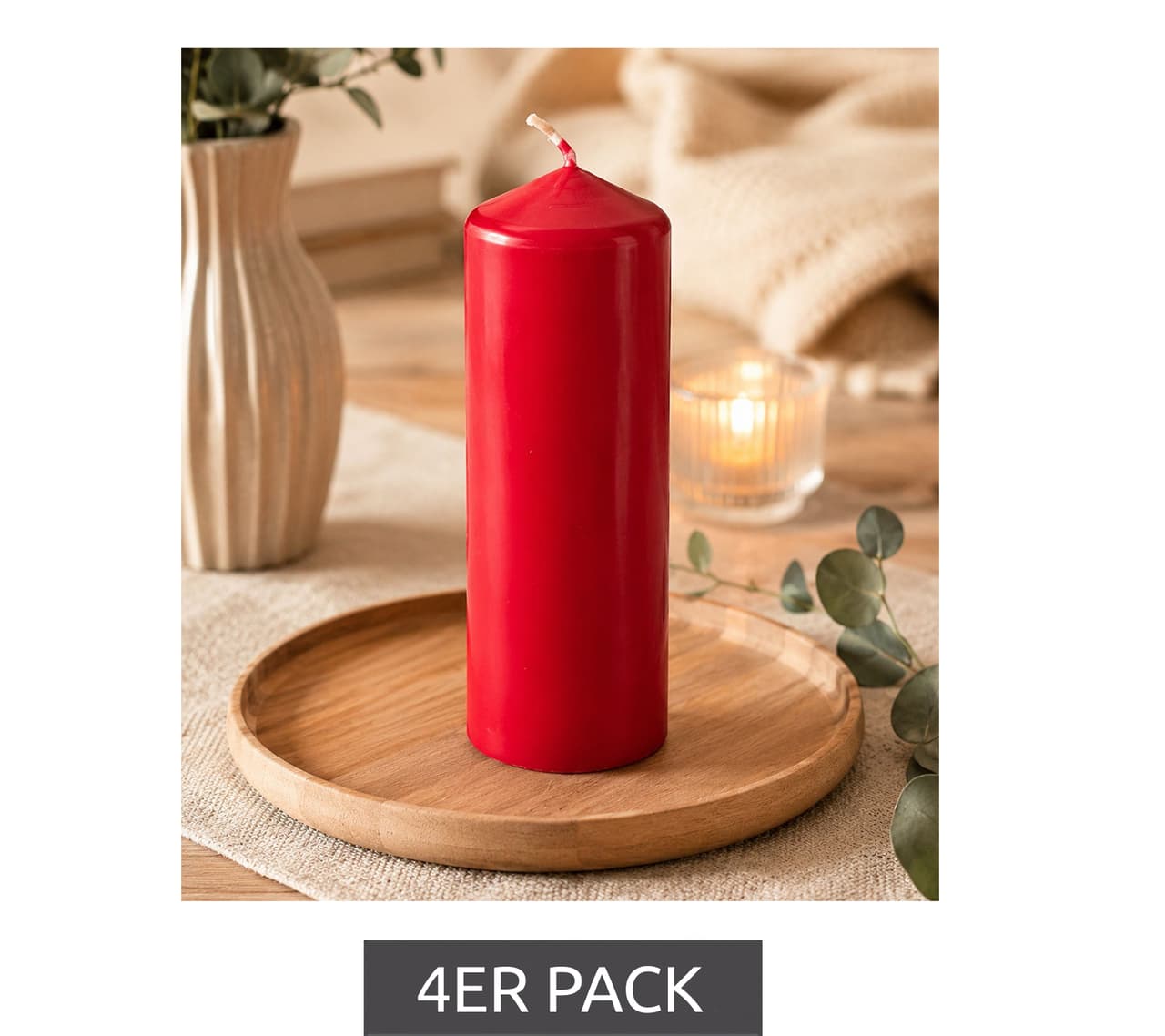 O46PN (MB10) Paquete de 4 velas cilíndricas clásicas de cera, velas decorativas, 17 x 5,7 cm **Producto de segunda mano – Probado y en perfecto funcionamiento** Rojo