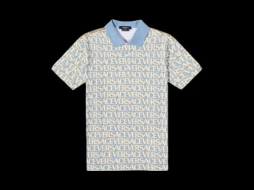 Versace All Over Logo Pique Polo Shirt Blue Multi