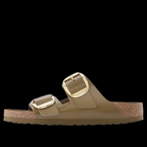 Birkenstock Arizona Big Buckle Natural Leather Patent Narrow Fit Sandals 'High Shine Mud Green' (Women's)