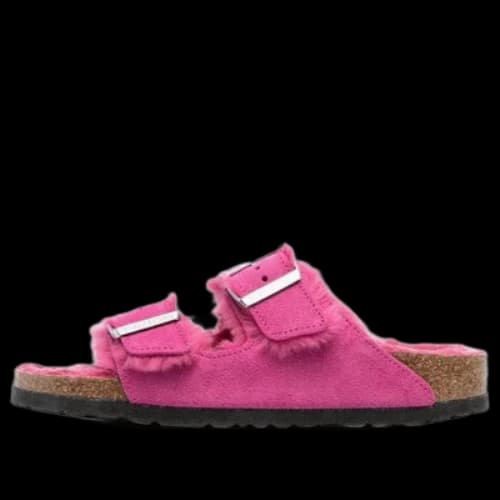 Birkenstock Arizona Shearling Suede Leather Narrow Fit Sandals 'Fuchsia Tulip'
