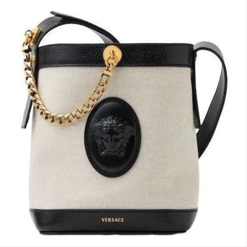 VERSACE Pivot Mini Canvas Bucket Bag 'Black Beige' (Women's)