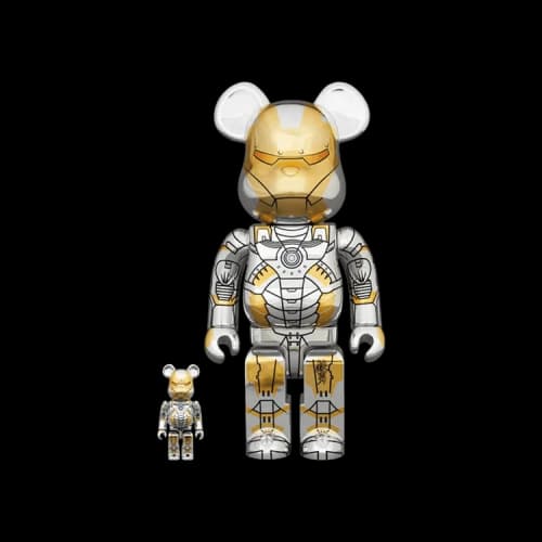 Bearbrick BE@RBRICK x Sorayama x Marvel Iron Man 100% & 400% Set 'Silver/Gold'