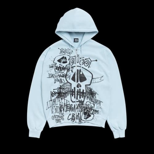 Stussy Skulls Zip Hoodie Pigment Dyed 'Sky Blue'