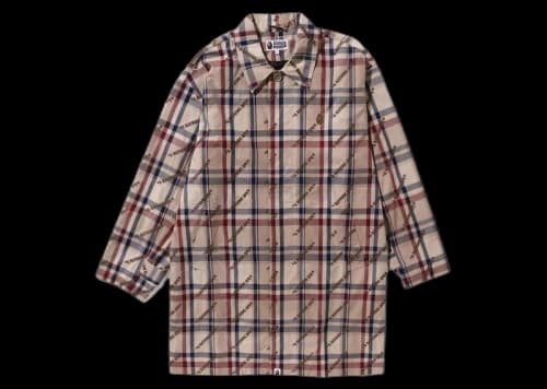 BAPE A Bathing Ape Logo Check Pattern Long Coat Beige