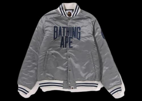 BAPE Solid Camo NYC Logo Nylon Varsity Jacket Gray