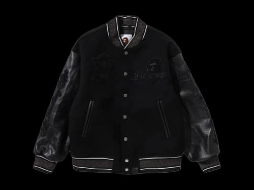 BAPE Line Camo Multi Logo Wool Varsity Jacket Black