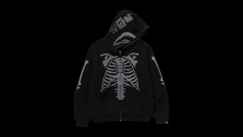BAPE Skeleton Shark Heavy Washed Cropped Fit Full Zip Hoodie Black
