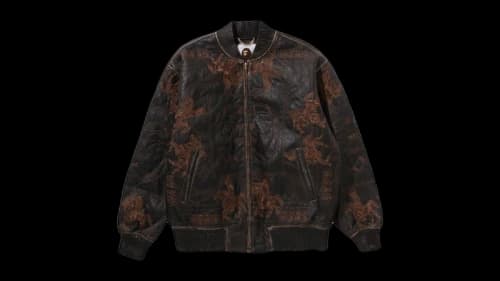 BAPE Multi Logo Quilted Leather Bomber Jacket Brown