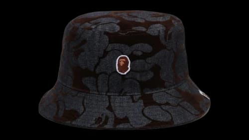 BAPE Camo Flocked Denim One Point Bucket Hat Indigo
