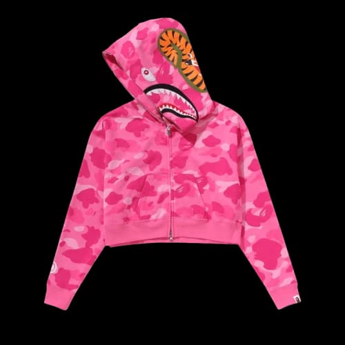 BAPE Color Camo Crystal Stone Shark Cropped Full Zip Hoodie 'Pink'