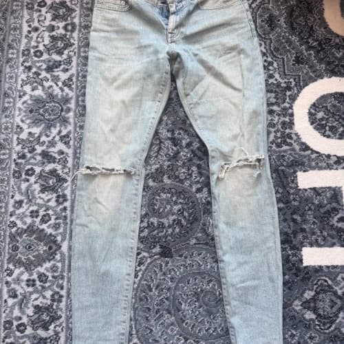 2015 Saint Laurent D02 Distressed Slim Jeans Light Blue