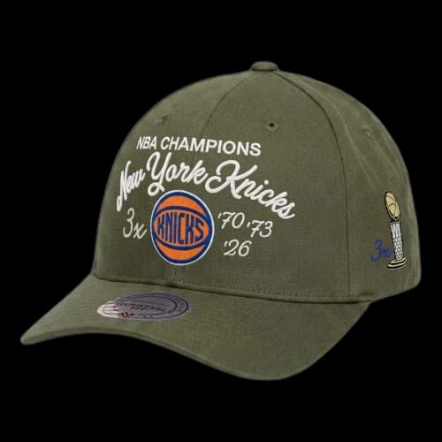 Mitchell & Ness New York Knicks Three-Time NBA Finals Champions Script Low Pro Snapback Hat 'Olive'