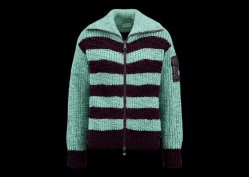 Moncler Women's Turtleneck Two-Toned Striped Back Cardigan Bordeaux/Aquagreen