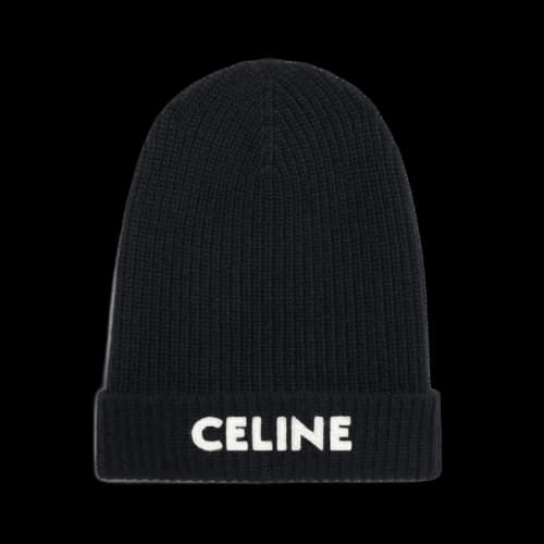 Celine Embroidered Knit Loose Fit Wool Beanie Black