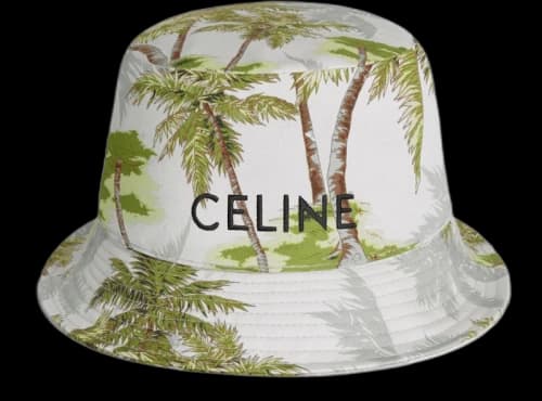 Celine Embroidery In Ombre Palm Tree Print Cotton Gabardine Bucket Hat with Drawstring Grey/Green