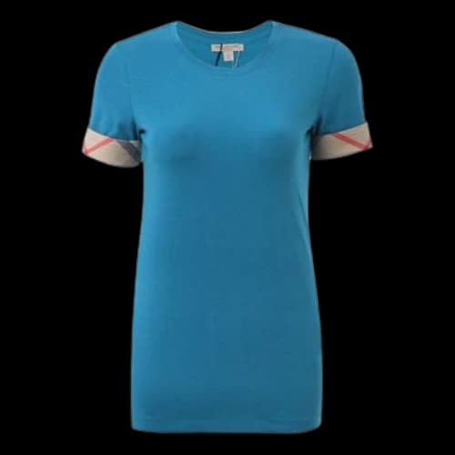 Burberry Cuff Plaid Round Neck Pullover Short Sleeve Lake Blue