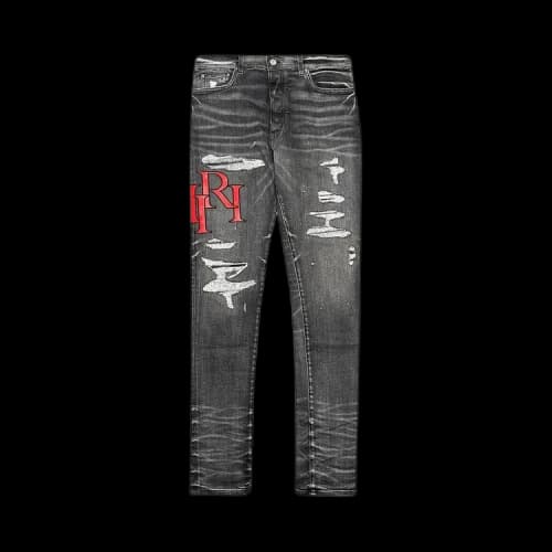 Amiri Staggered Logo Distressed Skinny Jeans 'Rain Grey'