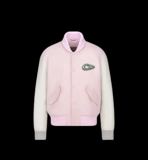 Dior x KAWS Varsity Jacket Pink Virgin Wool and Cashmere with Beige Cowhide Leather