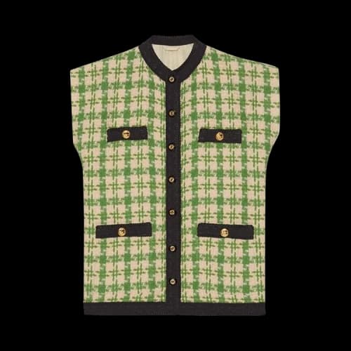 Gucci Houndstooth Sleeveless Vest With Ribbon Trim 'Green/Natural'