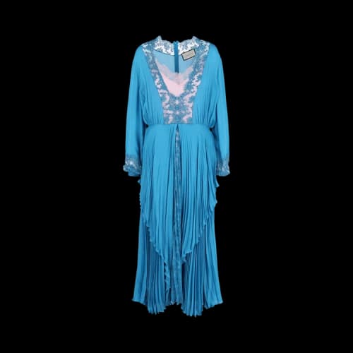 Gucci Long-Sleeve Pleated Dress Blue