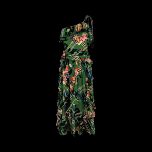 Gucci Floral Check-Print Ruffled Silk-Crepe Dress Green Black